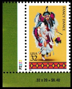 US 3072 American Indian Dances Fancy Dance 32c plate single LL P2222 MNH 1996