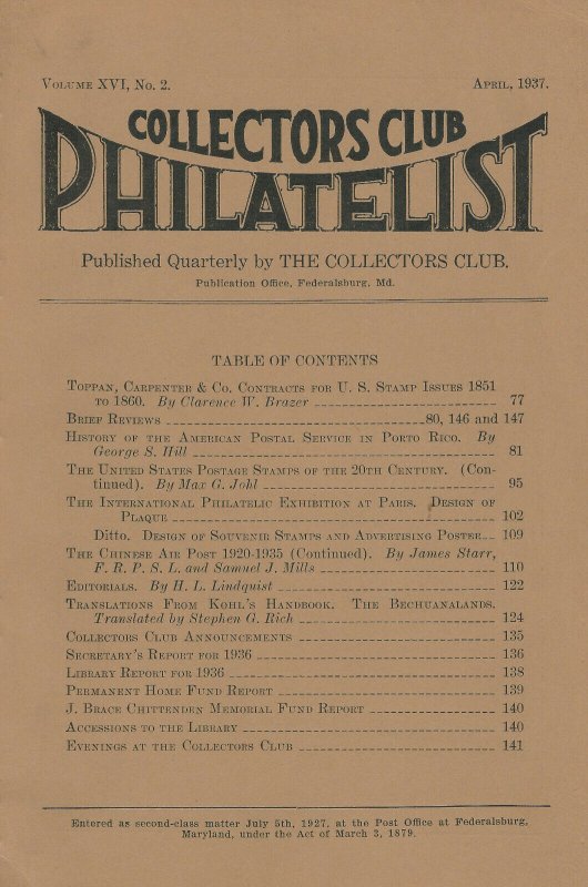 Lot of 10 Early Issues, Collectors Club Philatelist, July 1934 - Oct. 1938 