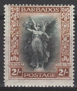 BARBADOS 1920 VICTORY 2/- WMK CROWN TO LEFT OF CA
