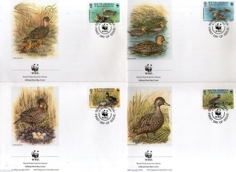 South Georgia 1992 WWF Teal Water Birds Wildlife Fauna Sc 162-65 Set of 4 FDCs