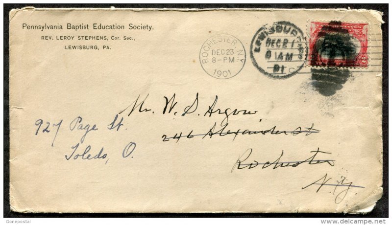 d535 - LEWISBURG Pa 1901 Baptist Education Society ADVERTISING Cover. Forwarded
