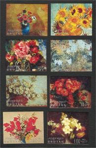 BHUTAN, FLOWER PAINTINGS SET OF 8 STAMPS,  MNH