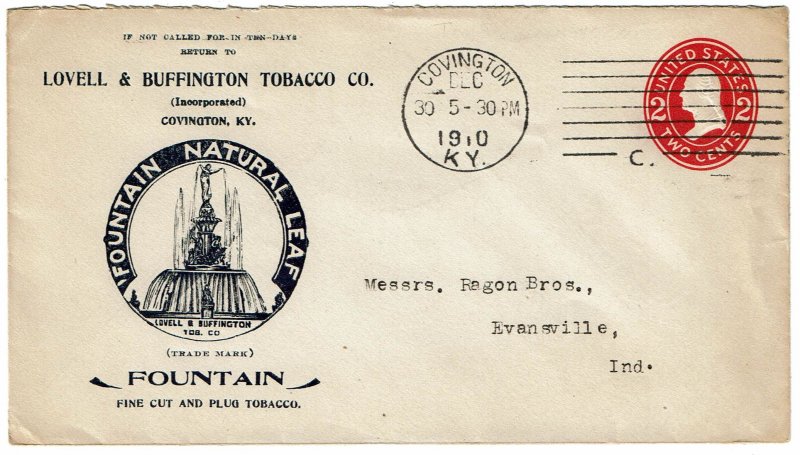 1910 Covington, KY cancel on ad cover for Fountain Natural Leaf tobacco
