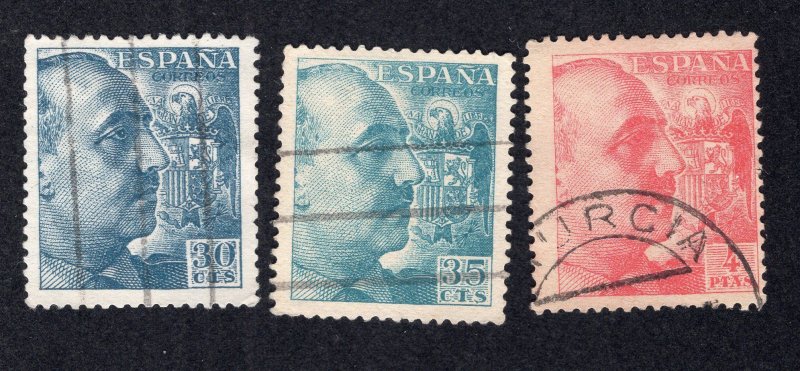Spain 1939-40 30c blue, 40c Prussn grn & 40c greenish blk Franco, Scott 695-697a