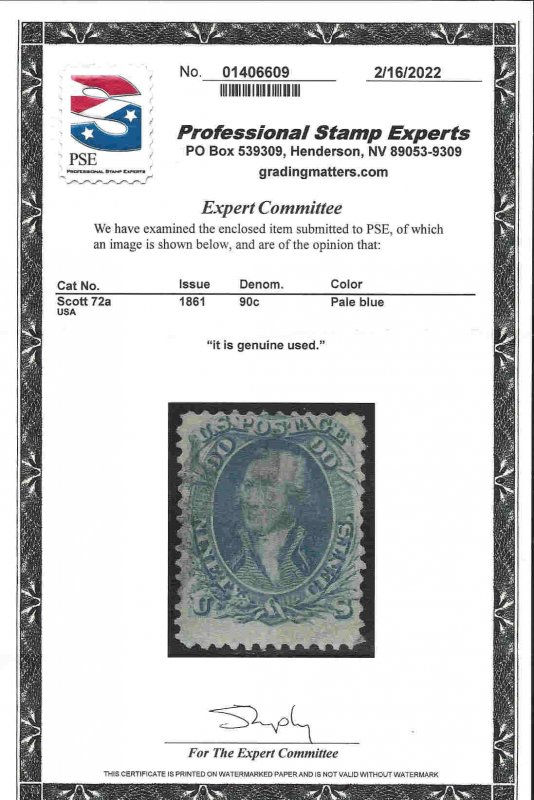 72a Used... PSE Certificate... SCV $650.00... Pale Blue