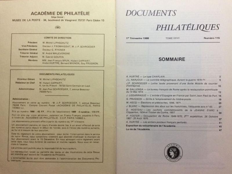 DOCUMENTS PHILATÉLIQUES - REVUE DE L'ACADÉMIE DE PHILATÉLIE - N°115 (I-88)