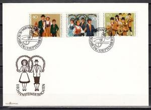 Liechtenstein, Scott cat. 694-696. Tradtional Costumes & Music. First day cover.