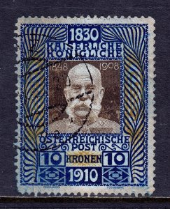 AUSTRIA — SCOTT 144 — 1910 10k FRANZ JOSEF BIRTHDAY JUBILEE — USED — SCV $325