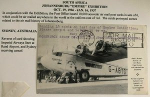 1937 Johannesburg South Africa Postcard airmail Cover Sydney Australia Exhibitio