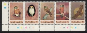 Norfolk Birds Boobook Owl Corner strip of 5 1984 MNH SC#343 SG#338-342