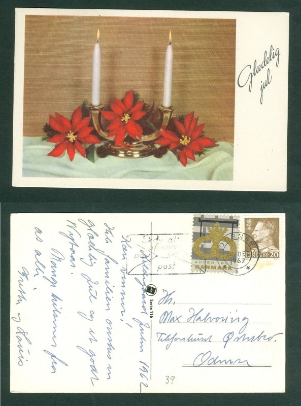 Denmark. Christmas Card 1962. 20 Ore + Seal. Odense. Flowers,Candle.Odense