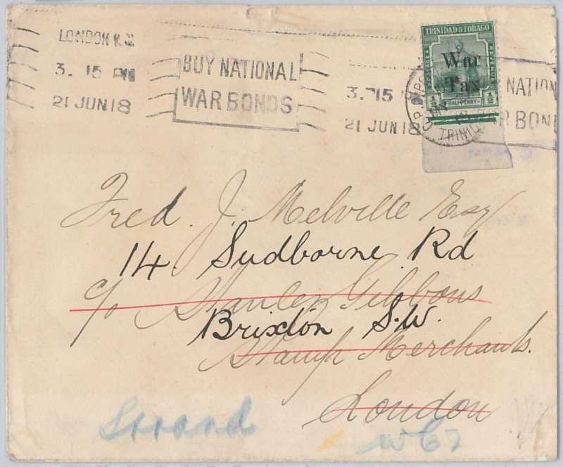 52018 - TRINIDAD & TOBAGO - POSTAL HISTORY: WAR TAX stamps COVER to ENGLAND 1918