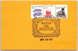 US SPECIAL POSTMARK EVENT CARD RHODE ISLAND PHILATELIC SOCIETY CENTENNIAL 1985 d