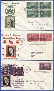 US Sc 930-932 FDR Roosevelt on three 1945 Crosby photo  FDC's