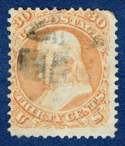 [0892] 1868 Scott#100 used F-GRILL 30¢ Orange cv:$950 (thin+fold)