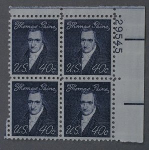 United States #1292 40 Cent Thomas Paine Block of Four Plate Number MNH