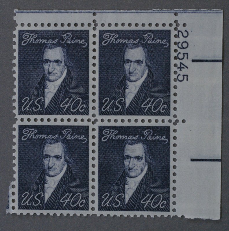 United States #1292 40 Cent Thomas Paine Block of Four Plate Number MNH