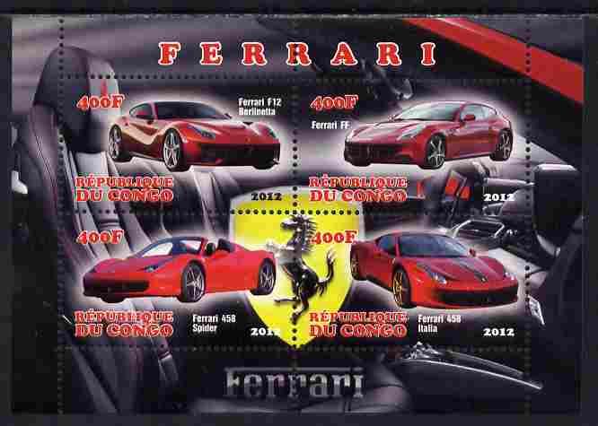 Congo 2012 Ferrari Racing Car Sports Transport Motoring Motor Cars M/S Stamps