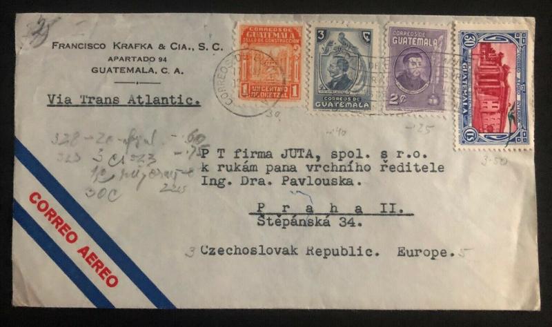 1947 Guatemala Commercial Airmail Cover to Prague Czechoslovakia Back Seal