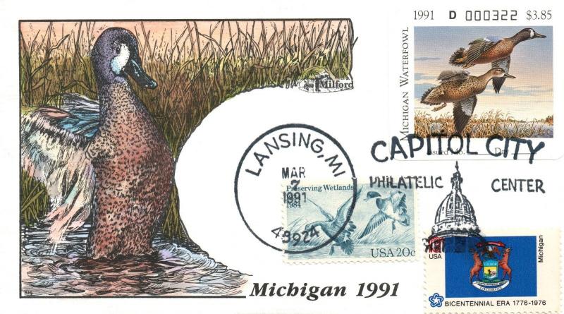 1991 Lansing Michigan USA Duck Stamp Milford Hand Painted First Day Cover