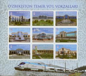 Uzbekistan 2018 MNH Railway Stations 9v M/S Trains Rail Architecture Stamps 
