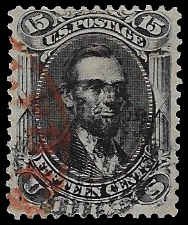 U.S. #77 Used VLH; 15c Lincoln - red & black cancel (1866)