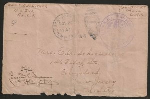 #US Army PO NOV/29/1918 Censor Cover - Soldier's Mail - Cachet (A700)