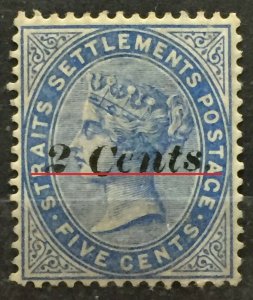 MALAYA 1887 STRAITS SETTLEMENTS QV 2c surch 5c MLH Drop C Raise S SG#85 M2806