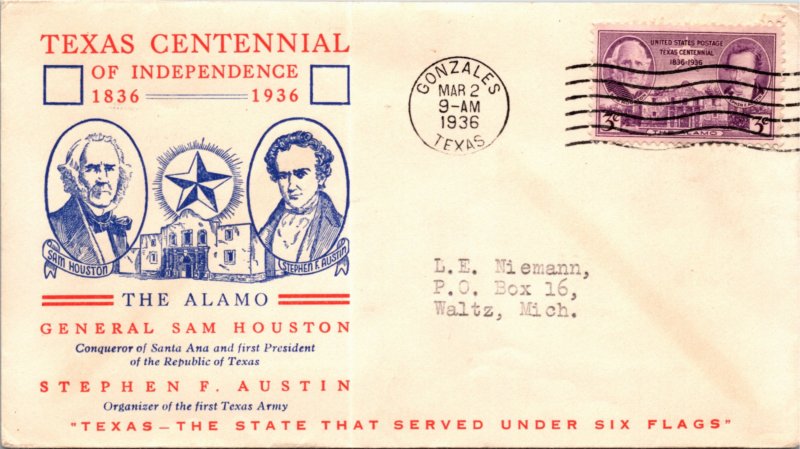 1936 MARCH 2 TEXAS #776 FIRST DAY LINPRINT CACHET  ( Postal History ), 1936