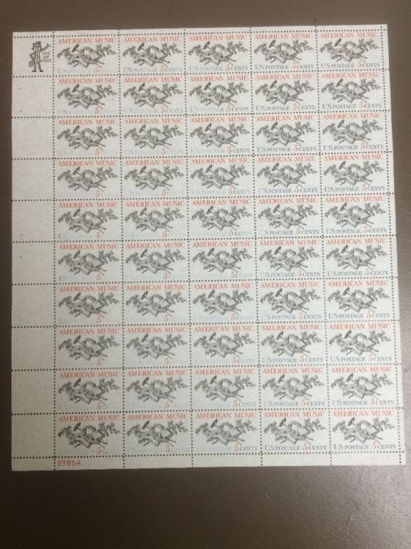 1252 .05 American Music Sheet Of 50. Partial Missing Blue On 35 Stamps. MNH.