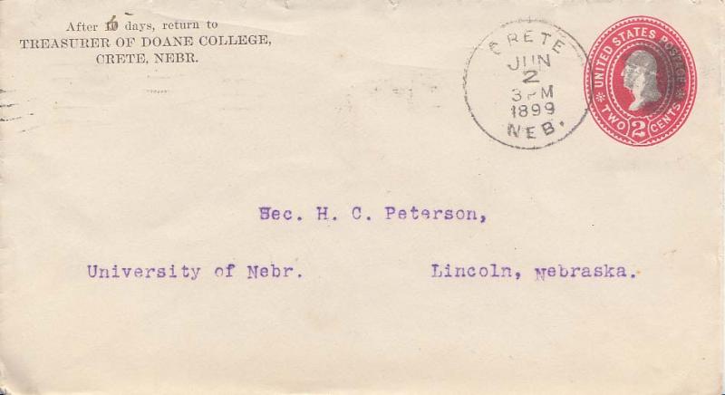 United States Nebraska Crete 1899 cork killer  Postal Stationery Envelope  Co...