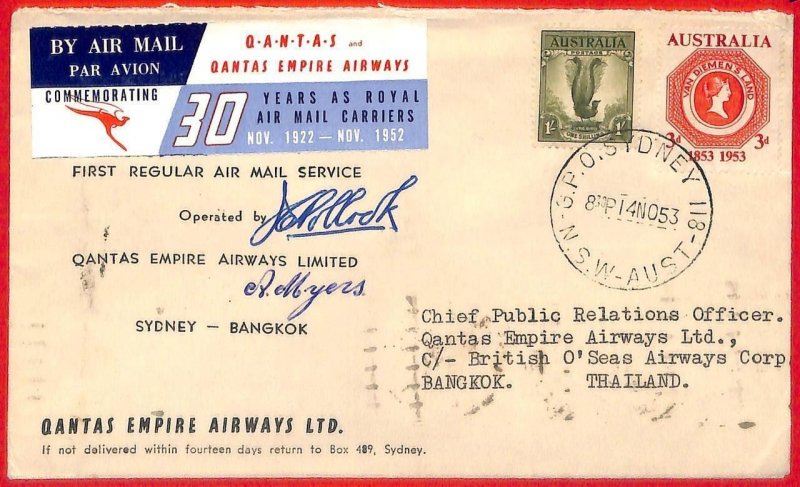 aa3424 - AUSTRALIA - POSTAL HISTORY - FIRST FLIGHT COVER to THAILAND 1947 Signed 