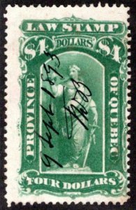 van Dam QL49, $4 green, Used, Quebec Law Revenue Stamp, Canada