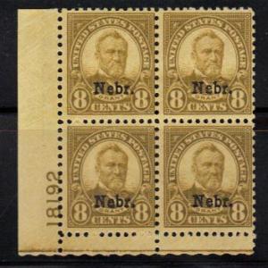 #677 mnh pb/4 #18192  8c Nebraska OP 1929 Issue cv $775