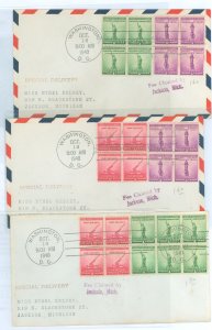 US 899-901 National Defense series (three issues) on three FDC's with blocks of stamps on  uncacheted addressed FDC's.