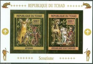 CHAD 2013  BOY SCOUTS  DOGS CATS SHEET OF TWO GOLD FOIL IMPRF MINT NEVER HINGED