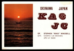 QSL RADIO CARD KA6JC,Stephen 'Mike' Mikesell,Sunset,Boat, Okinawa,Japan(Q3030)