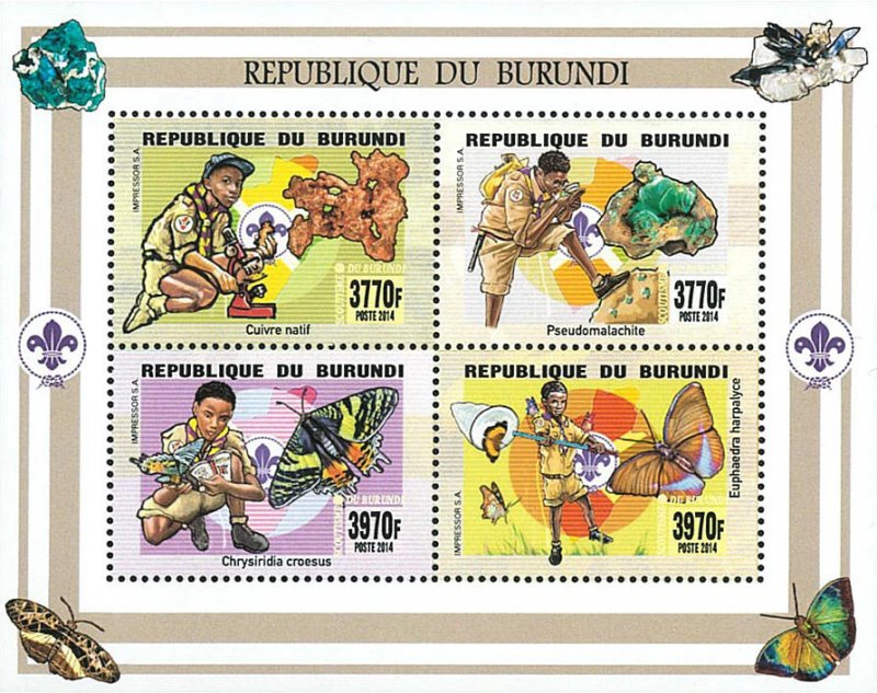 Burundi 2014 Imperf. Scouts of Burundi / Mineralogy / Butterflies (II) Sheetlet--