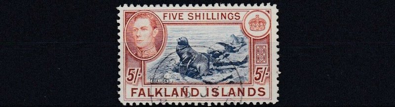 FALKLAND ISLANDS 1938 - 50  S G 161  5/-    BLUE & CHESTNUT     USED