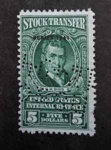 PERFIN US Scott RD108 $5 Stock Transfer Stamp Used BOB T19709