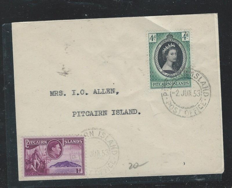 PITCAIRN ISLANDS (P1110B) 1953 QEII CORONATION+ KGVI 1D ON LOCAL COVER