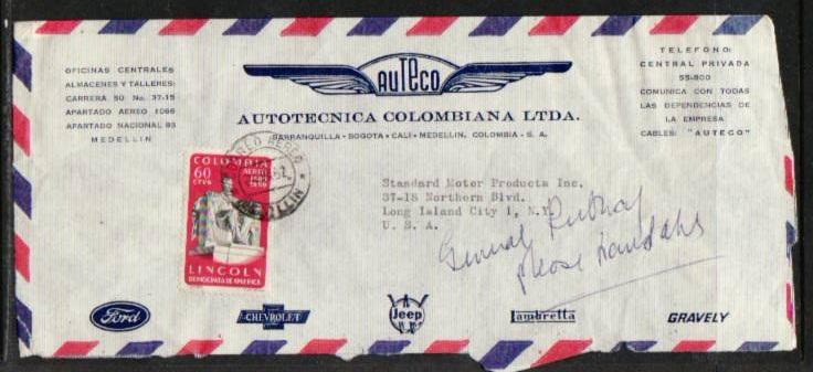 Columbia to Long Island NY 1962 Auto Airmail  # 10 Cover 