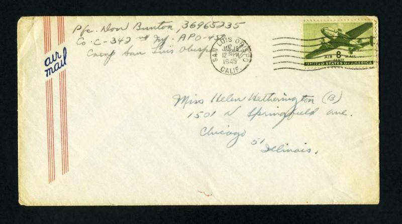 Air Mail Cover from APO 450, Camp San Luis Obispo, California dated 1-18-1945