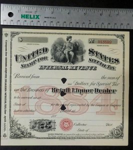 1884 $25 U.S. Internal Revenue, Dealer License Retail Liquor Special Tax Stamp