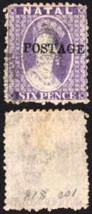 Natal SG83 6d Violet Wmk CC Opt POSTAGE (Davis) Cat 9 pounds