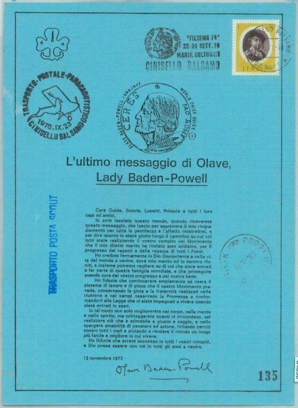 84830 - ITALY  - Postal History -  SPECIAL CARD  Lady Baden-Powell SCOUTING 1978