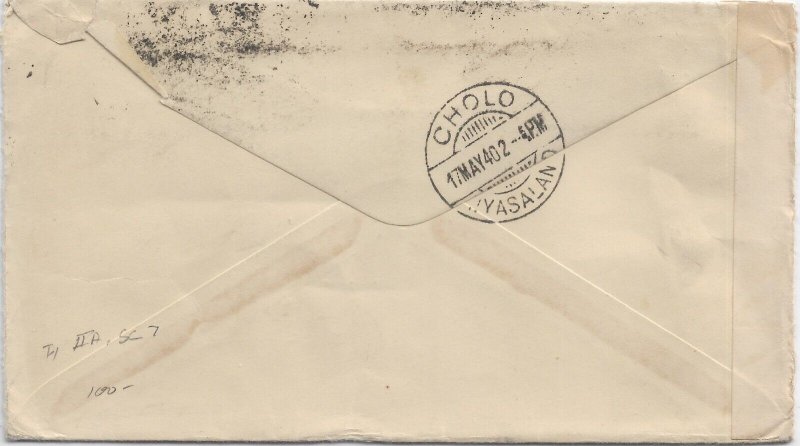 Malmulo Nyasaland to McClave, CO 1940 Nyasaland censor Ty IIA, Sc 7 (C5551)