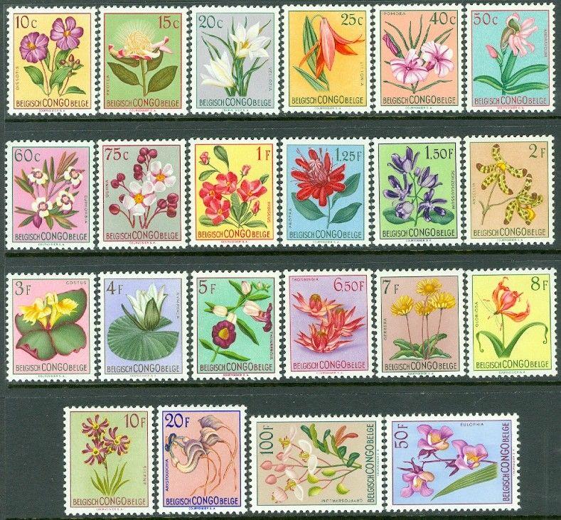 EDW1949SELL : BELGIAN CONGO 1952-53 Scott #263-84 Flowers. VF, Mint NH Cat $101.