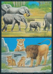 [110098] Tanzania 1993 Wild life elephants lions 2 Souvenir sheets MNH