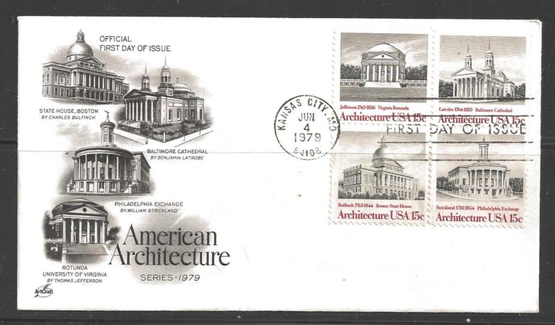 United States 1979 Architecture First Day Cover 15 cents Block of Four